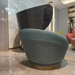 Dusty Blue Leather Lounge Chair with Elevated Headrest and High-Gloss Dark Back Panel
